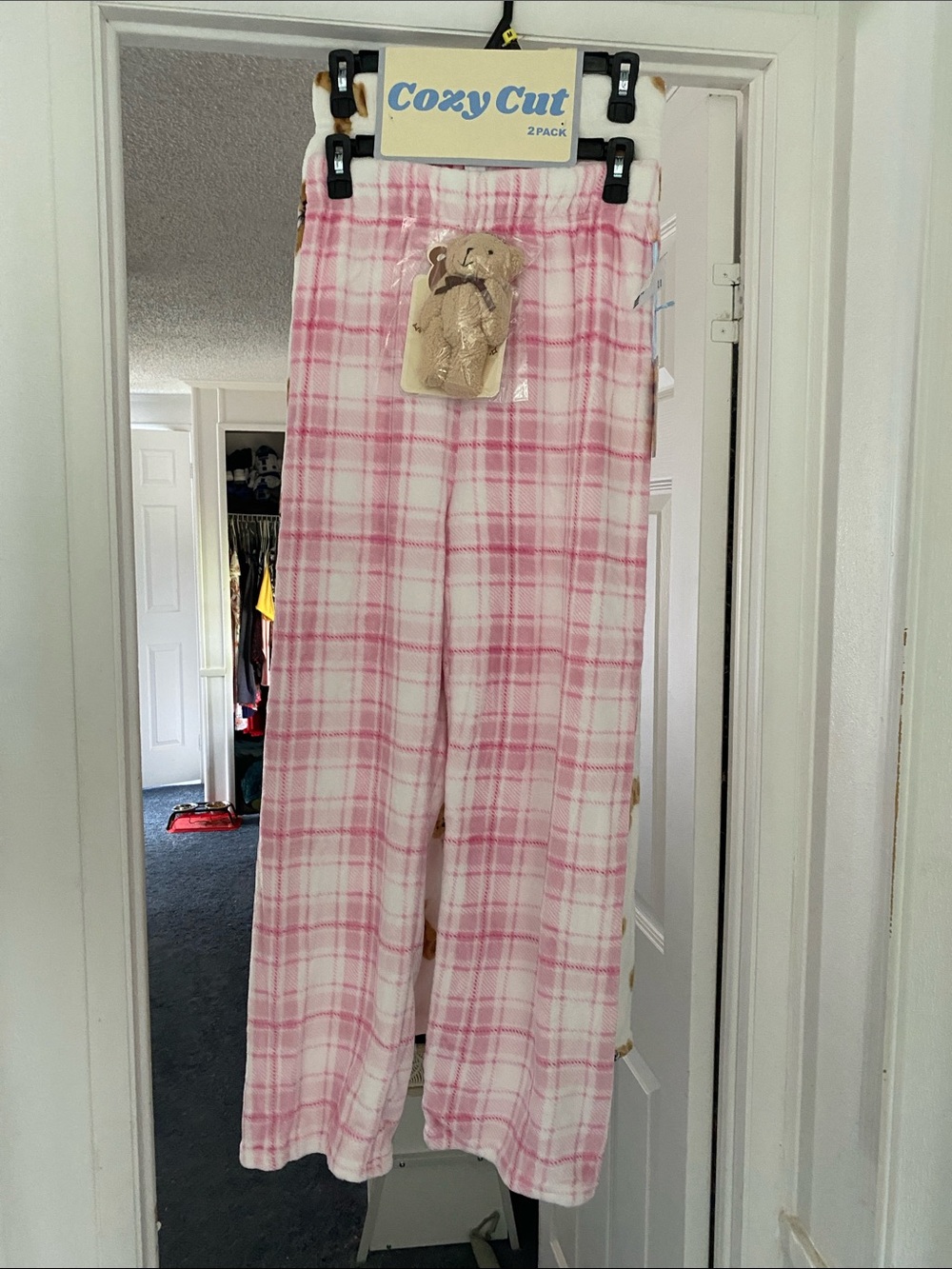 Women’s Pink Plaid And Teddy Bear Fleece Pajama Pants